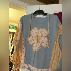 BiBi Blue Top with Yellow and Cream Accents